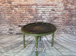 Antique Folk Art Oval Tole Tray Table with Carved Green Faux Bamboo Hand Painted