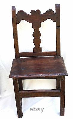 Antique Folk Art Pair Rustic Spanish Carved Wood Chairs Baluster Heart 17th C