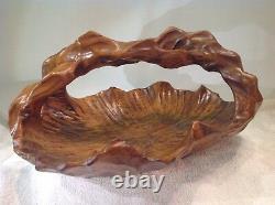 Antique Folk Art Solid One Piece Black Walnut Hand Carved Wood Basket