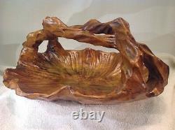 Antique Folk Art Solid One Piece Black Walnut Hand Carved Wood Basket