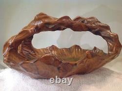 Antique Folk Art Solid One Piece Black Walnut Hand Carved Wood Basket