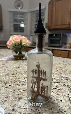 Antique Folk Art Whimsy Bottle Hand Carved Wooden Tools, Crucifix, Rare Stopper