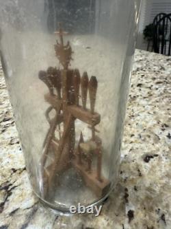 Antique Folk Art Whimsy Bottle Hand Carved Wooden Tools, Crucifix, Rare Stopper
