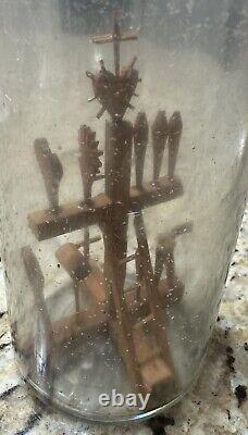 Antique Folk Art Whimsy Bottle Hand Carved Wooden Tools, Crucifix, Rare Stopper