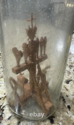 Antique Folk Art Whimsy Bottle Hand Carved Wooden Tools, Crucifix, Rare Stopper