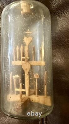 Antique Folk Art Whimsy Bottle Hand Carved Wooden Tools, Crucifix, Rare Stopper