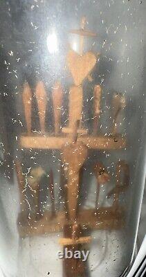 Antique Folk Art Whimsy Bottle Hand Carved Wooden Tools, Crucifix, Rare Stopper