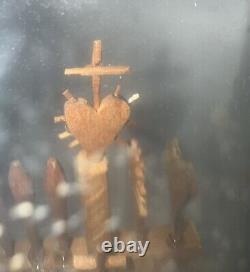 Antique Folk Art Whimsy Bottle Hand Carved Wooden Tools, Crucifix, Rare Stopper