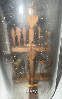 Antique Folk Art Whimsy Bottle Hand Carved Wooden Tools, Crucifix, Rare Stopper