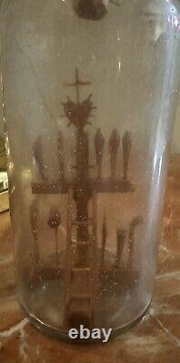 Antique Folk Art Whimsy Bottle Hand Carved Wooden Tools, Crucifix, Rare Stopper