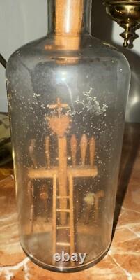 Antique Folk Art Whimsy Bottle Hand Carved Wooden Tools, Crucifix, Rare Stopper