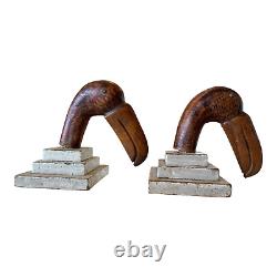 Antique Folk Art Wood Carved Painted Toucan Bird Bookends with Glass Eyes