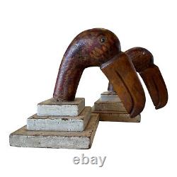 Antique Folk Art Wood Carved Painted Toucan Bird Bookends with Glass Eyes