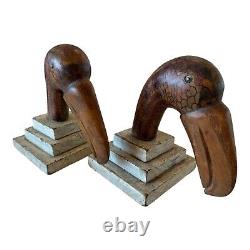 Antique Folk Art Wood Carved Painted Toucan Bird Bookends with Glass Eyes