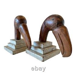 Antique Folk Art Wood Carved Painted Toucan Bird Bookends with Glass Eyes