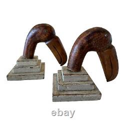 Antique Folk Art Wood Carved Painted Toucan Bird Bookends with Glass Eyes
