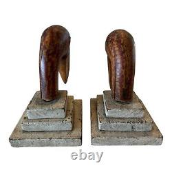 Antique Folk Art Wood Carved Painted Toucan Bird Bookends with Glass Eyes