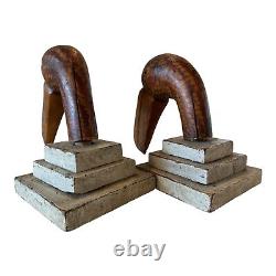 Antique Folk Art Wood Carved Painted Toucan Bird Bookends with Glass Eyes