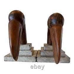 Antique Folk Art Wood Carved Painted Toucan Bird Bookends with Glass Eyes
