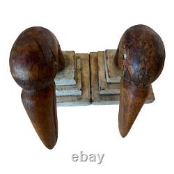 Antique Folk Art Wood Carved Painted Toucan Bird Bookends with Glass Eyes