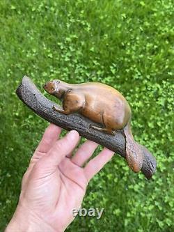 Antique Folk Art Wood Carving Beaver Animal Figural Small Incredible Very Early