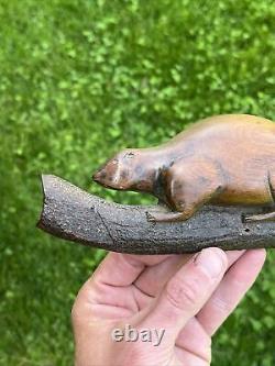 Antique Folk Art Wood Carving Beaver Animal Figural Small Incredible Very Early