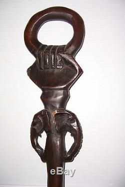 Antique Folk Art Wood Walking Stick Cane With Carved Elephant Heads And A Hand
