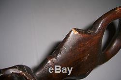 Antique Folk Art Wood Walking Stick Cane With Carved Elephant Heads And A Hand