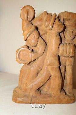 Antique Folk Art hand carved wood figural musician band sculpture figure statue