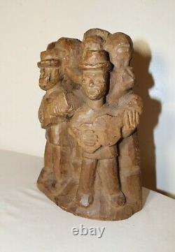 Antique Folk Art hand carved wood figural musician band sculpture statue figure