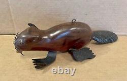 Antique Folk Art large Carved Beaver Lure with Articulating Tail