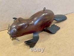 Antique Folk Art large Carved Beaver Lure with Articulating Tail