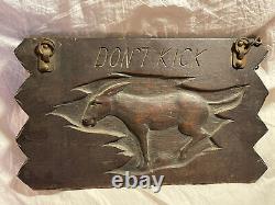 Antique Folk Tramp Art Carved Wooden Don't Kick Sign mule jackass