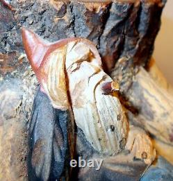 Antique GERMAN Black Forest Wood Carving GNOME Tree SPRITE w CIGAR FOLK ART