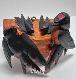 Antique German Black Forest Wood Carving Bird Swallow Nest & Young Folk Art