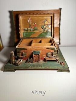 Antique German Hand Made Wood Carved 19c Folk Art Black Forest House Box