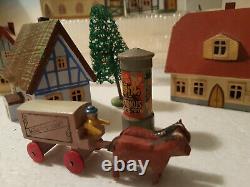 Antique German Wooden Putz Country VillageErzgebirge5 Houses w. Gr. Accessories