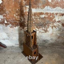 Antique Gothic Church Model In Carved Wood 19th Century Folk Art