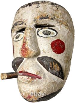 Antique Guatemalan Patron Dance Mask Carved Wood Polychrome Cigar Folk Art 1920s