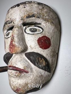 Antique Guatemalan Patron Dance Mask Carved Wood Polychrome Cigar Folk Art 1920s
