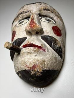 Antique Guatemalan Patron Dance Mask Carved Wood Polychrome Cigar Folk Art 1920s