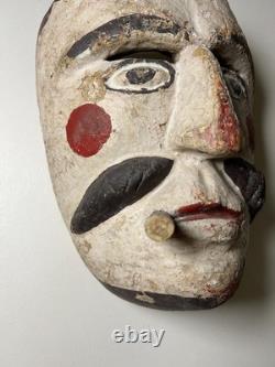 Antique Guatemalan Patron Dance Mask Carved Wood Polychrome Cigar Folk Art 1920s