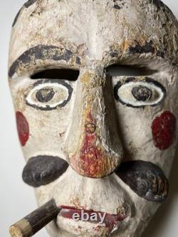 Antique Guatemalan Patron Dance Mask Carved Wood Polychrome Cigar Folk Art 1920s