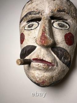Antique Guatemalan Patron Dance Mask Carved Wood Polychrome Cigar Folk Art 1920s