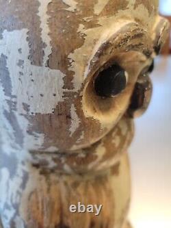 Antique HTF Early To Mid 20th Century Hand-Carved Folk Art Wooden Owl