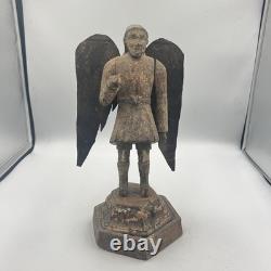 Antique Hand Carved Angel Figure with Metal Wings Folk Art Santos Spanish Colonial