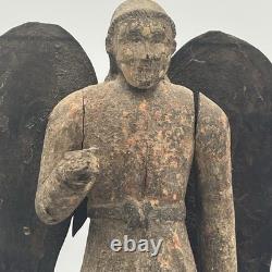 Antique Hand Carved Angel Figure with Metal Wings Folk Art Santos Spanish Colonial
