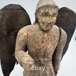 Antique Hand Carved Angel Figure with Metal Wings Folk Art Santos Spanish Colonial