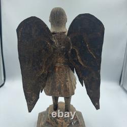 Antique Hand Carved Angel Figure with Metal Wings Folk Art Santos Spanish Colonial