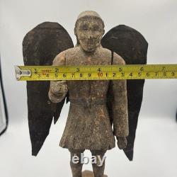 Antique Hand Carved Angel Figure with Metal Wings Folk Art Santos Spanish Colonial